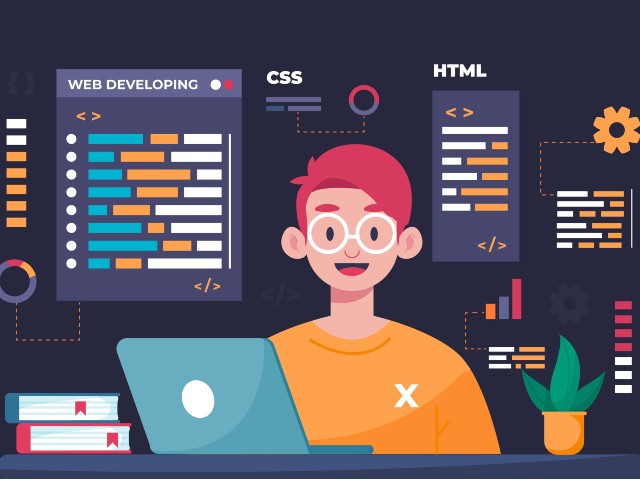 image shows a web developer with coding elements for CSS and HTML